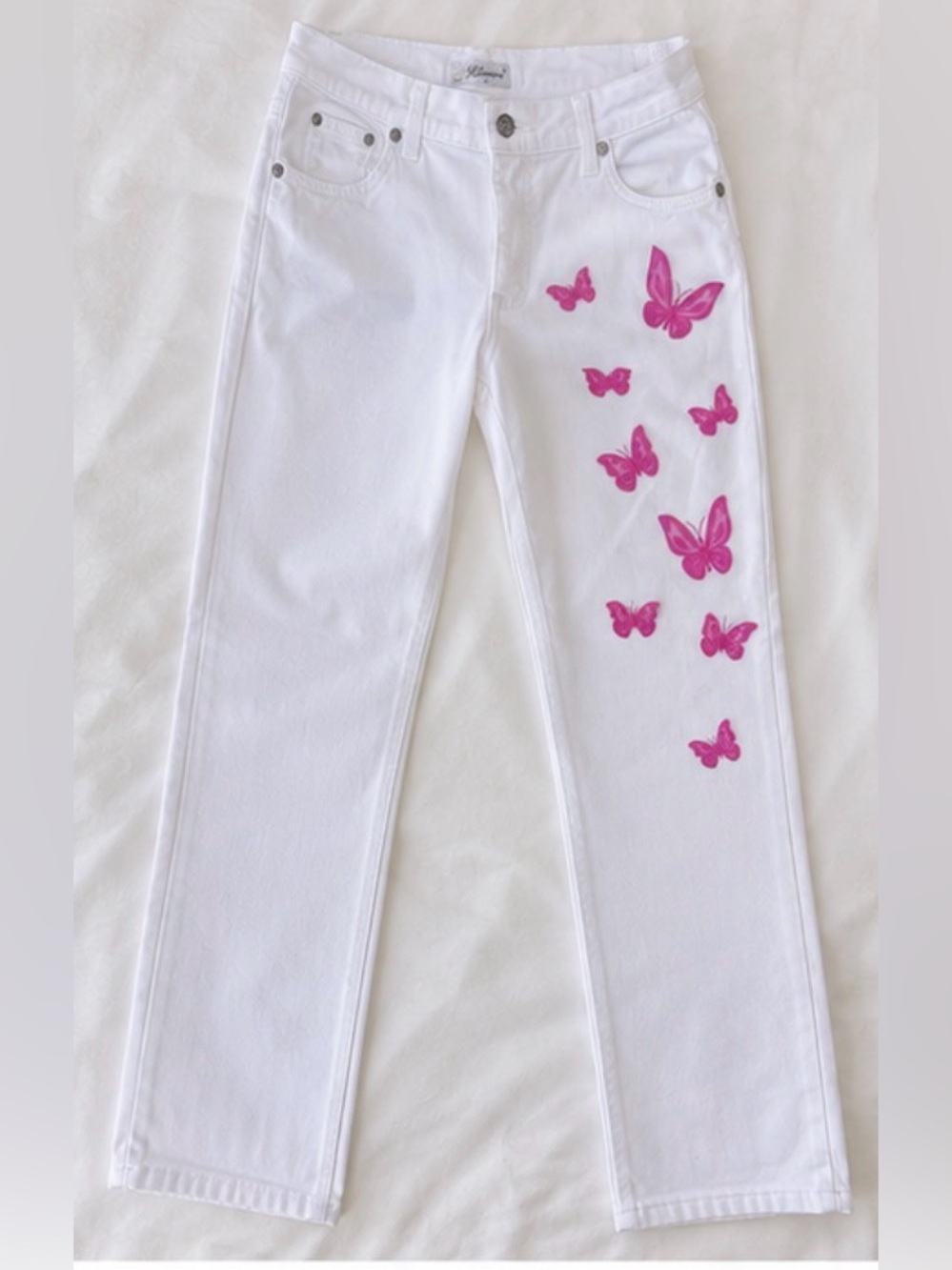 White Straight-Leg Jeans with Pink Butterfly Accents
